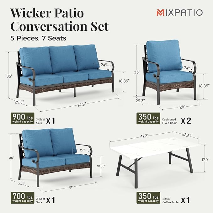 Patio Furniture Set with Coffee Table, Outdoor Conversation Set with 2 x Fixed Chairs, 1 x 2-Seat Sofa, 1 x 3-Seat Sofa for Lawn Garden Backyard, Navy Blue