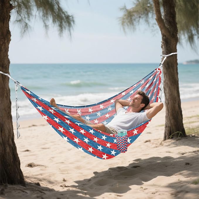 Patriotic Stars Camping Hammock, Portable Lightweight Single Hammock with Tree Straps and Aluminum Carabiners, 114" x 54" Travel Hammock for Hiking Backpacking Beach