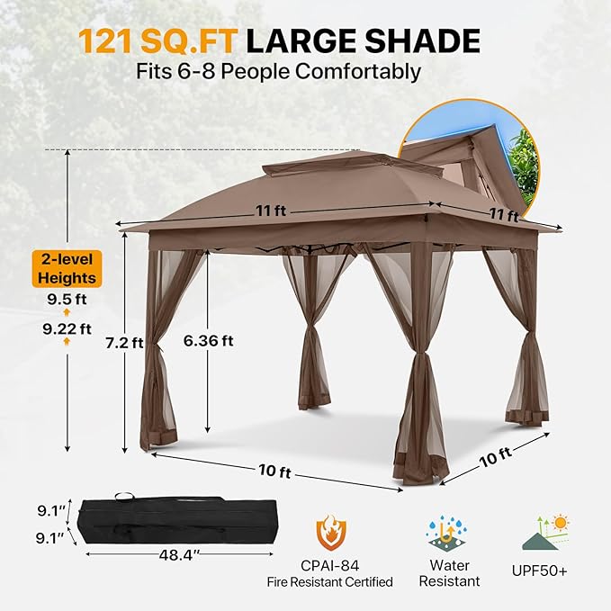 COOS BAY 11x11 Pop Up Gazebo with Mesh Netting, Instant Outdoor Canopy Tent, Water Resistant Shelter with UPF 50+ UV Protection, 121 Sq Ft Coverage, Brown
