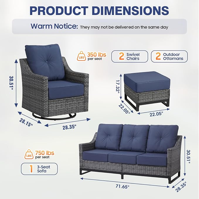5 Piece Patio Furniture Set,360°Swivel Glider Patio Chairs Set of 2,Sofa and 2 Ottomans,All-Weather Wicker Patio Set Comfortable Seating with 6 Inch Thick Cushions for Porch Deck Balcony Garden