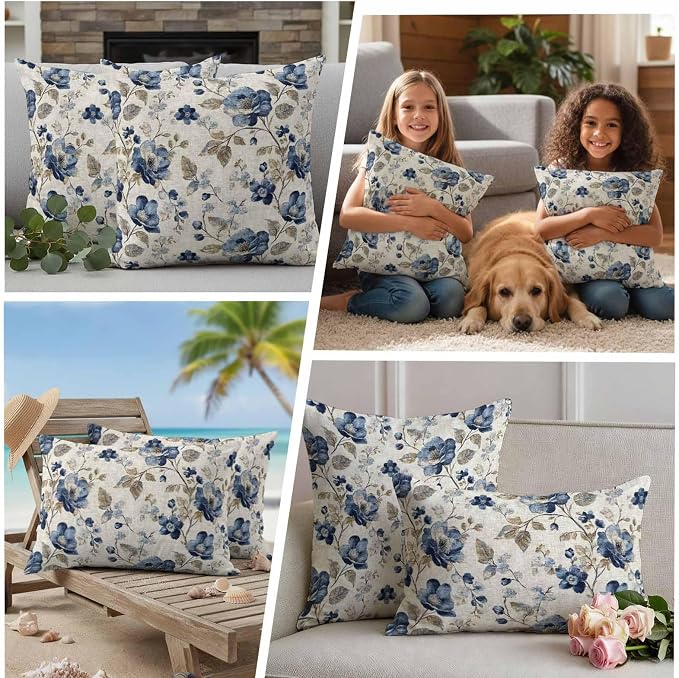 Blue Gray Waterproof Outdoor Pillow Covers 24''x24'' Set of 2, Vintage Botanical Patio Furniture Spring Florals Cushion Covers for Chairs, Decorative Farmhouse Pillow Cases for Garden/Pool/Beach