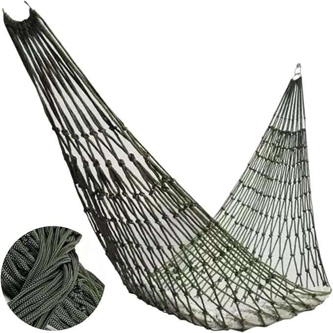 Outdoor Travel Camping Sport Hammock, Outdoor Sport Hammock Net Mesh Nylon Rope Sleeping Bed Swing with Hooks for Garden Beach Yard Travel (Army Green)