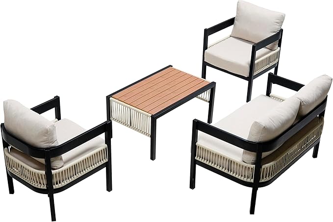 4 Piece Outdoor Iron Sofa Set with A Table, PE Rattan Patio Furniture Sets with Double and 2 Single Seats, Multi-Person Conversation Set for Garden, Lawn Use (Beige/92)
