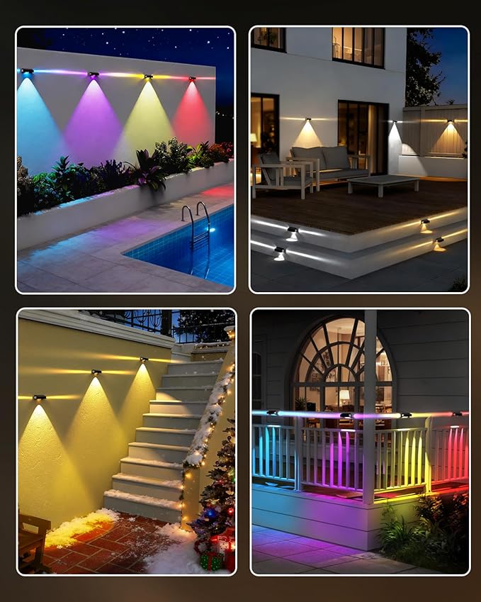 Solar Fence Lights Outdoor with 3-Way Lensed Lighting, Fence Light Solar Powered 12 Mode RGB Color Changing, Warm/Cool White, IP65 Waterproof for Deck, Wall, Patio, Backyard, Outside(12 Pack)