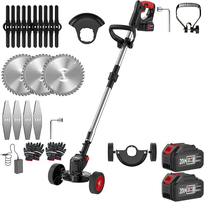 3-in-1 Cordless Weed Trimmer & Lawn Mower - Electric Trimmer, Edger, Bush Cutter with Adjustable Height (Black - 2* Batteries)