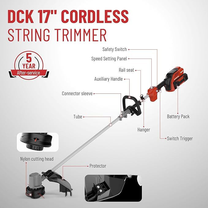 DCK 58V 17" String Trimmer Cordless, AI Adaptive Speed, Brushless Weed Eater & Edger with Dual-line Auto Feed, 6000RPM, 4.0Ah Battery, Dual Safety Switch, Electric Weed Wacker with Shoulder Strap
