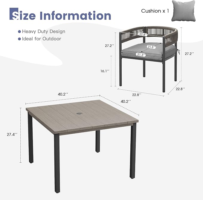 VICLLAX Patio Dining Set, 40.2" Grey Table & 4 Chairs with Grey Cushion | Outdoor Table and Chairs Set of Square Metal Patio Table, Outdoor Dining Chairs with Metal Frame, Garden Deck Porch