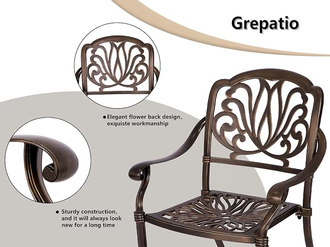 Grepatio 3 Piece Bistro Set Outdoor Cast Aluminum Patio Dining Set Table and Chairs Outside Bistro Furniture 2 Chairs and 1 Umbrella Table for Lawn Garden (Round Table and Chairs)