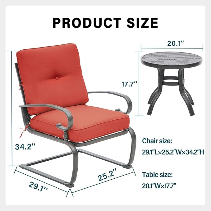 Outdoor 3 Pcs Patio Bistro Set Spring Motion Metal Lounge Chairs and Round Table, Steel Frame Conversation Set with Washable Cushions, Red