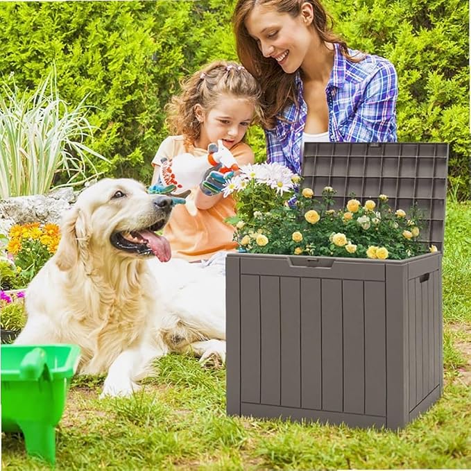 30-Gallon PP Light Brown Woodgrain Deck Box Lockable Waterproof for Outdoor and Patio Use 22x17x21in