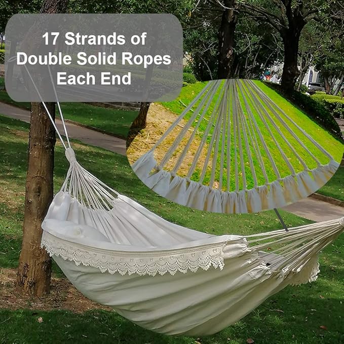 Brazilian Boho Large Fringe Swing Bed - Portable 2 Person Hammock for Patio, Porch, Backyard, Indoor with Carrying Bag, Tree Hammock - Soft Cotton Fabric White