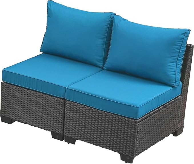 Outdoor Wicker Armless Sofa 2 Pack, Patio Rattan Sectional Sofa Set with Thick Seat Cushions and 2 Back Cushions for Garden, Backyard, Poolside Peacock Blue