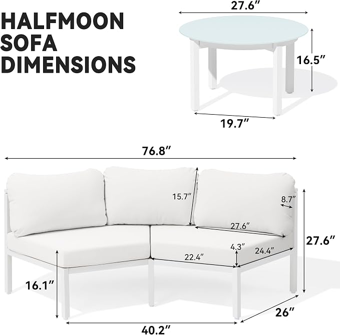 Crestlive Curved Patio Furniture Set, Modular Half Moon 8-Seater Sofa with Round Coffee Table, Aluminum Outdoor Sectional with 4.3" Cushions, All-Weather Couch for Backyard, Deck, Porch, Poolside