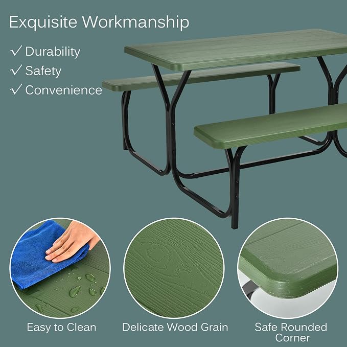 COSTWAY Outdoor Picnic Table, HDPE Plastic Picnic Table Bench Set with Weather Resistant Tabletop & Wood Texture, Ideal for Patio, Backyard (59" D x 54" W x 28.5" H,Green)
