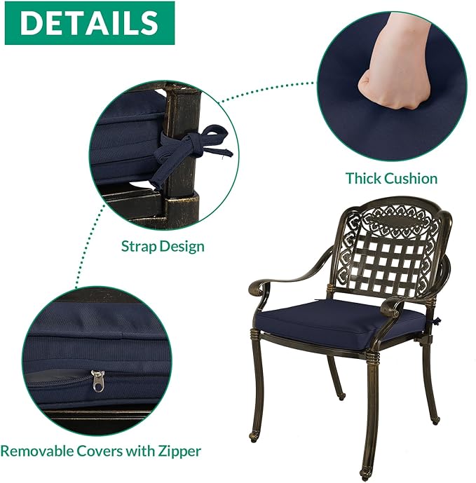 VIVIJASON 9-Piece Outdoor Furniture Dining Set, Rust-Free Cast Aluminum Patio Conversation Set, Include 8 Cushioned Chairs & 61" Round Dining Table with 31" Lazy Susan, Umbrella Hole, Navy Blue