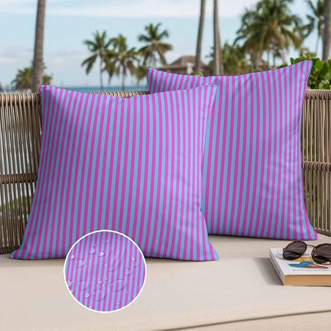 Throw Pillow Covers 26x26 Inch Set of 2, Purple Striped Waterproof Outdoor Cushion Covers, Geometric Pink Vertical Solid Rainbow Decorative Pillowcases for Couch, Sofa, Bed, Garden, Patio