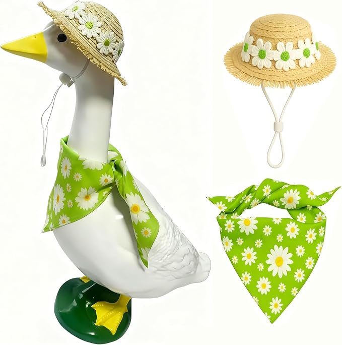 Summer Porch Goose Outfit for 23" 17" Lawn Porch Goose Statue Costume Cute Daisy Bandana and Hat for Garden Patio Statue Art Decor Country Pastoral Style Green