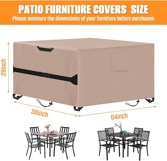 Kovshuiwe Rectangular Patio Heavy Duty Table Cover -Garden Furniture Covers for Shade and Rain, 600D Oxford Cloth Waterproof Outdoor Dining Table and Chairs Furniture Cover 64" L x 38" W x28 H,Khaki