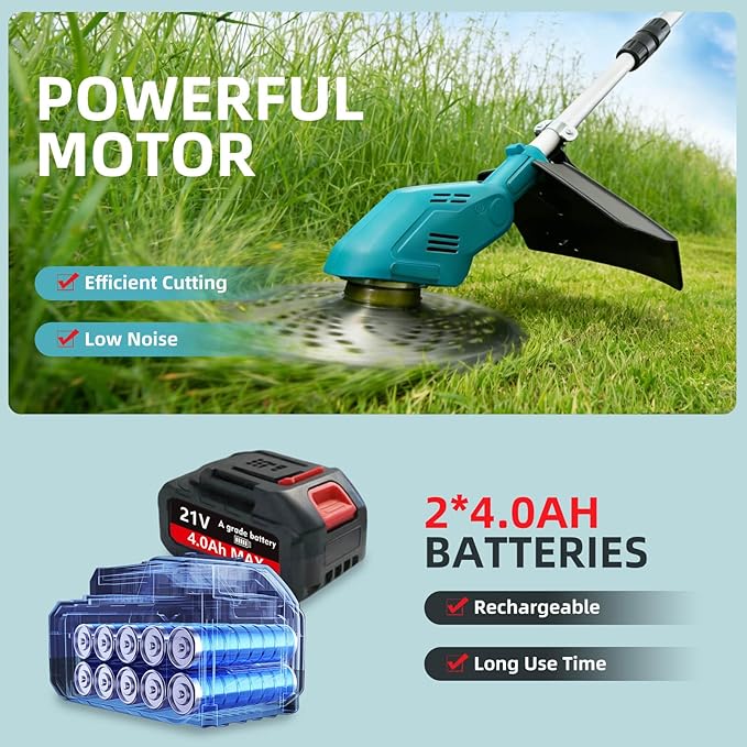 3- in-1 Electric Weed Eater, Brushless Weed Wacker Cordless, Brush Cutter with 2Pcs 4.0Ah Batteries, 1200W Motor, 6 Blades, Battery Powered Grass/String Trimmer Lawn for Yard and Garden