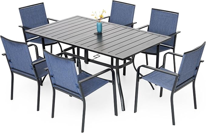 Anmutig 7-Piece Patio Dining Set, Outdoor Furniture Set of 6 Navy Stackable Dining Chairs and Rectangular Metal Table with Umbrella Hole for Outdoor Kitchen Lawn Garden,Bistro,Deck, Navy