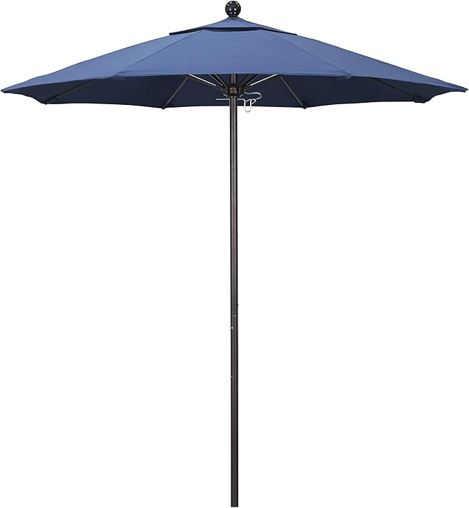 California Umbrella 7.5' Round Aluminum/Fiberglass Umbrella, Push Open,Bronze Pole, Olefin Frost Blue Fabric