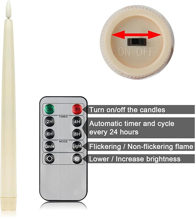 CVHOMEDECO. Flameless Taper Candles with 10-Key Remote, Battery Operated Led Flickering 3D Wick Window Candles Real Wax Finished Home Christmas Party Decor 0.78 x 11 Inch, Pack of 2 (Ivory)