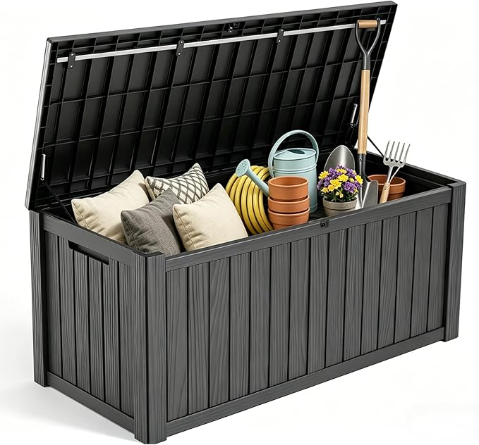 MAKINO 149 Gallon Resin Outdoor Storage Box, Waterproof Deck Box with Lockable Lid, Outside Storage Box for Patio Furniture, Pool Accessories, Garden Tools, Storage Bench for Backyard, Porch, Black