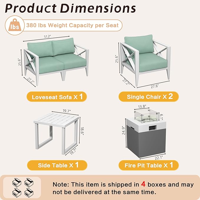 MBY Outdoor Aluminum Patio Furniture Set, 4-Seats Patio Conversation Sofa Set with 37,000 BTU Fire Pit Table w/Glass Wind Guard, All Weather for Pool, Garden-White