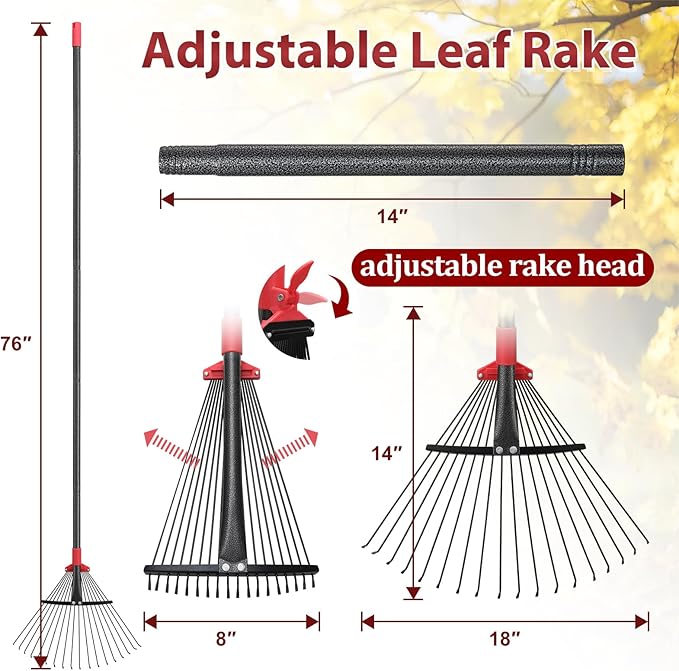 76Inch Adjustable Metal Leaf Rake, 18 Metal Tines Heavy Duty Leaves Rake for Lawns with 8-18" Expandable Head Long Handle Garden Rakes for Women Kids Leaves Yard Gardening Grass Outdoor Camping Debris