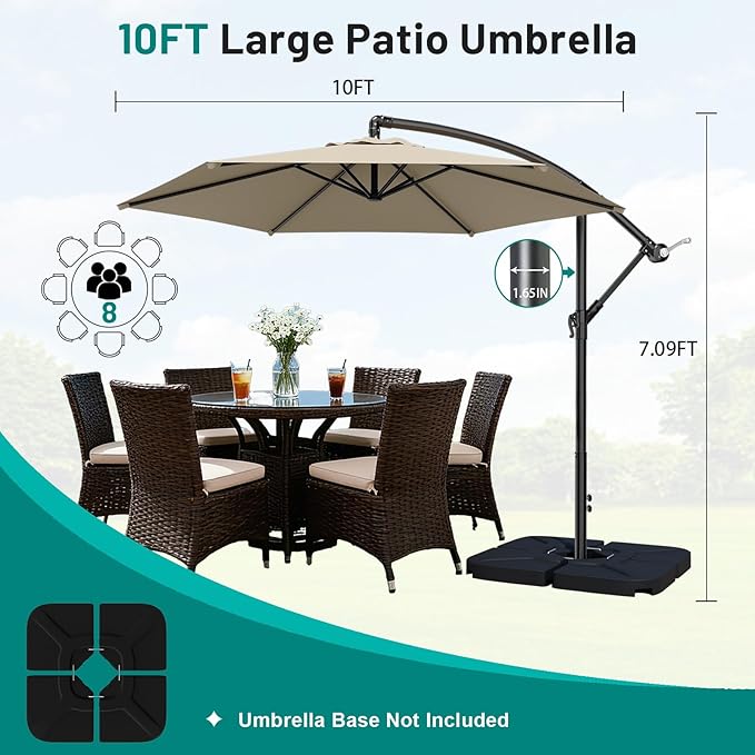 AreShark 10FT Patio Outdoor Umbrella, Offset Patio Umbrella Cantilever Umbrella, 6 Sturdy Ribs, Easy Adjustment for Garden Market Pool with Cross Base (Beige)