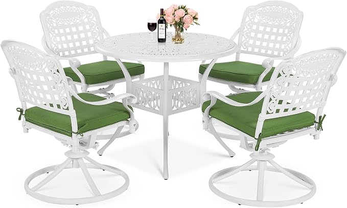 MEETWARM 5-Piece Outdoor Patio Dining Set, All-Weather Cast Aluminum Patio Conversation Set with 4 Cushions Swivel Rocker Chairs for Backyard Garden Deck and 35.4" Round Table, White
