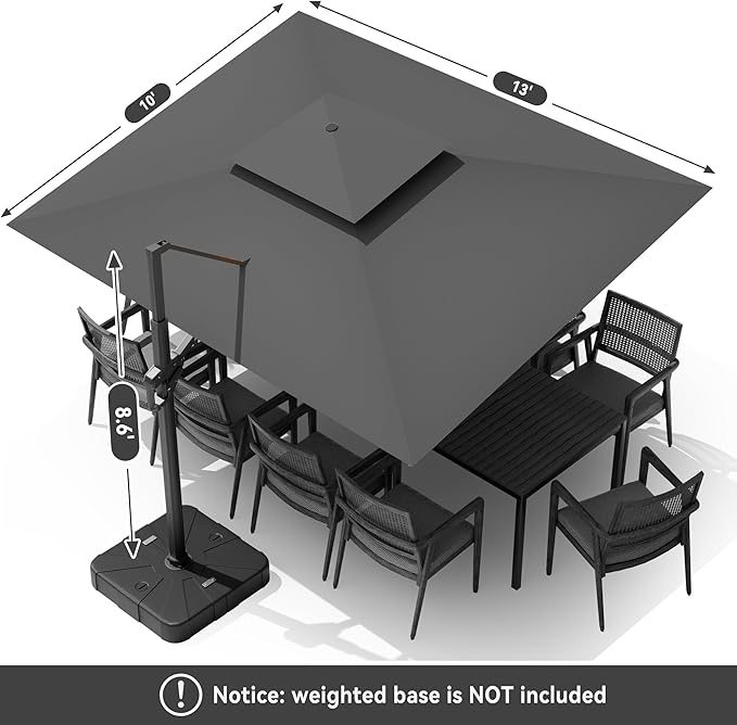 10 X 13 FT Cantilever Outdoor Patio Umbrella with Base Included Large Heavy Duty 360° Rotation Double Top Offset Rectangular Umbrellas with LED Lights for Backyard Outside Deck, Grey