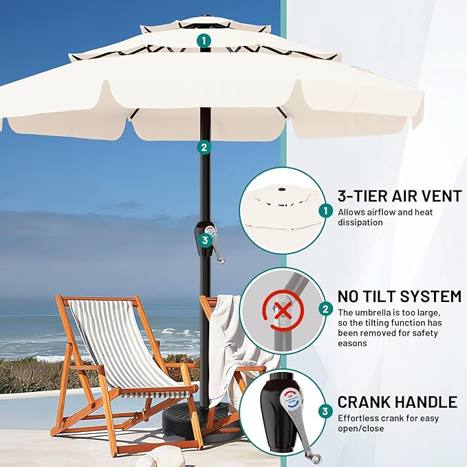 AreShark 12FT 3-Tiers Patio Umbrella with Valance, Outdoor with Crank, Large Outdoor Market Umbrellas Vented with 8 Sturdy Ribs, Patio Table Umbrellas for Garden, Deck, Backyard, Pool, Cream White