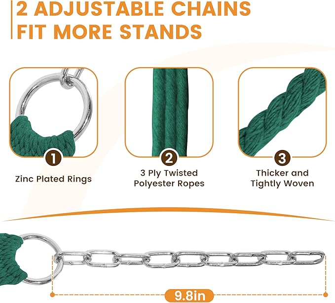 Lazy Daze Hammocks 13-FT Polyester Rope Hammock, Double 2 Person Traditional Hand Woven Outdoor Hammock with Spreader Bar, Carabiners, Tree Straps, Chains for Outside Patio- Max 450 Lbs, Green