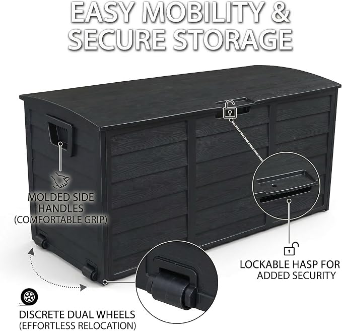 75 Gallon Outdoor Storage Box, 260L Waterproof Resin Deck Box for Patio Furniture Cushions, Garden Tools and Yard Accessories, Lockable Storage Chest with Wheels and Handles (Black)