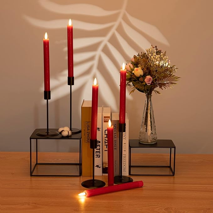 JOIONE Flameless Taper Candles with Remote Timer, 9.6" Red Real Wax Flickering Battery Operated Warm Light Electric LED Candle, Perfect for Christmas Party Wedding Decoration (6 Pack)