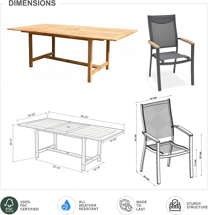 Urban Elements Mykonos 7-Piece Rectangular Patio Furniture Set | 100% Certified Teak | Backyard Furniture, Outside Table and Chairs, Rectangular Outdoor Dining Set