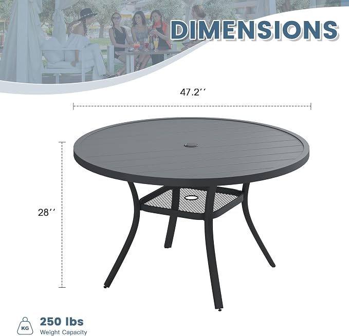 DIFY 48" Round Patio Dining Table for 6, All Weather Round Outdoor Metal Dining Table with 1.57" Umbrella Hole, Perfect for Backyard Lawn Garden, Grey