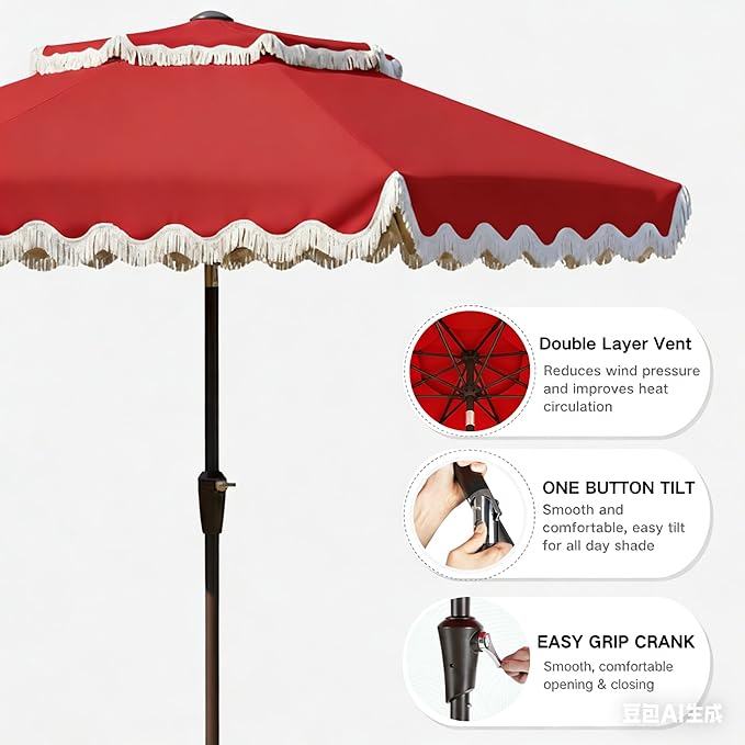 9FT Patio Umbrella with Fringe,Tassel Umbrella with Push-Button Tilt | UPF 50+ & Rust-Resistant Fiberglass Frame for Patio, Pool,Garden,Yard(Red)