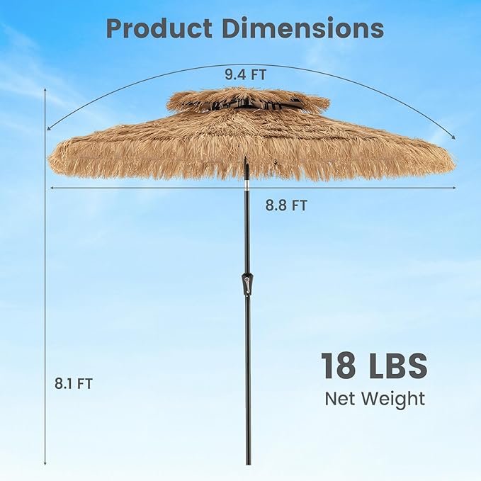 HAPPYGRILL 7.2FT Hula Thatched Tiki Umbrella w/Tilt, Hawaiian Style Beach Umbrella Patio Table Market Umbrella, Sun-Protective Portable Tropical Palapa for Outdoor Tiki Bar Garden Beach Pool Backyard (8.8 FT)