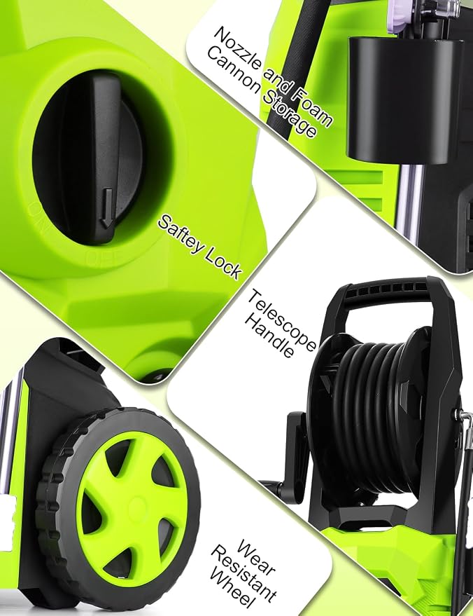 Electric Pressure Washer 5000 PSI Portable Power Washer with 33FT Pipe, 4 Nozzle Set for Home/Cars/Fences/Windows, Green