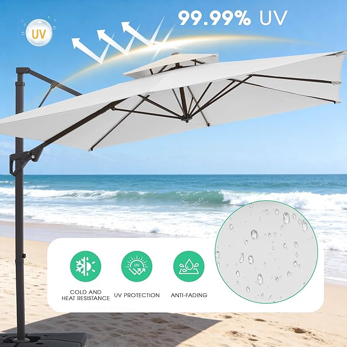 JEAREY 9ft 2-Tier Cantilever Patio Umbrella, Large Square Outdoor Offset Umbrella with Double Top Vent and 360-degree Rotation for Garden, Deck, Pool, Patio, Cream White