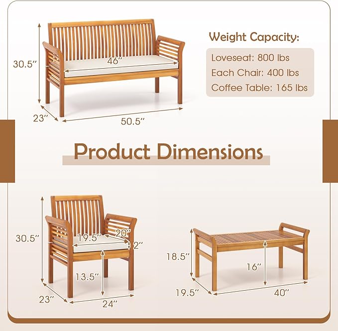 HAPPYGRILL 4 Pieces Acacia Wood Patio Conversation Set, Outdoor Wood Furniture Set with Seat Cushions, Wicker Sofa Chairs & Coffee Table for Garden Poolside Deck (1)