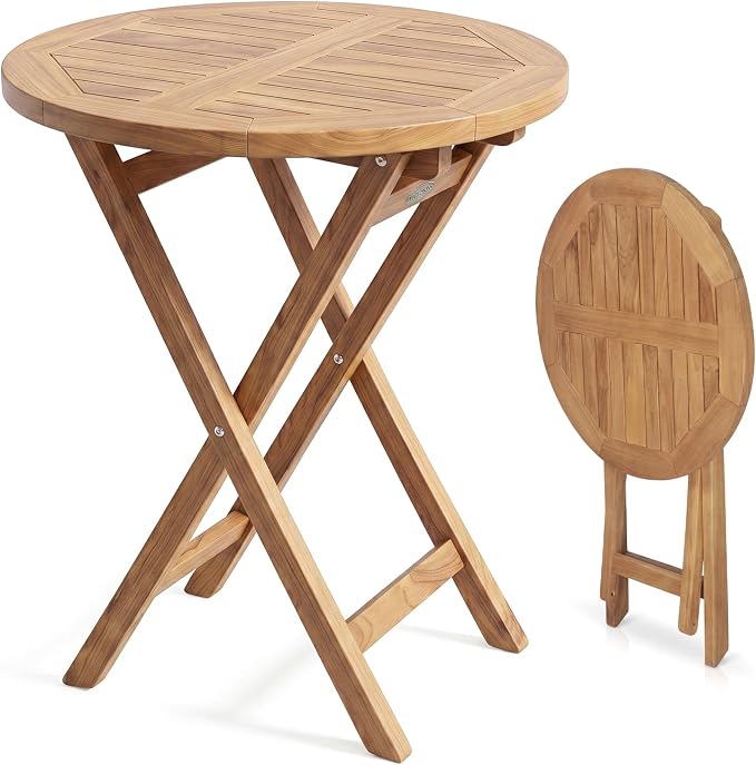 Tangkula 24-Inch Teak Wood Folding Outdoor Table, Round Patio Table with Sturdy X-Frame, Space Saving Outside Bistro Table for Deck, Porch, Poolside, Balcony & Garden