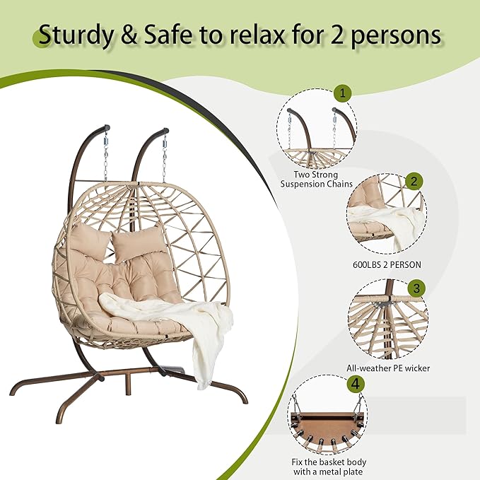 Double Egg Chair with Stand Outdoor Hanging Egg Swing Chair,Wicker Rattan Egg Chair Indoor Loveseat Chair with Cushion 500 lbs Capacity for Bedroom Balcony Patio (Cream+Beige)