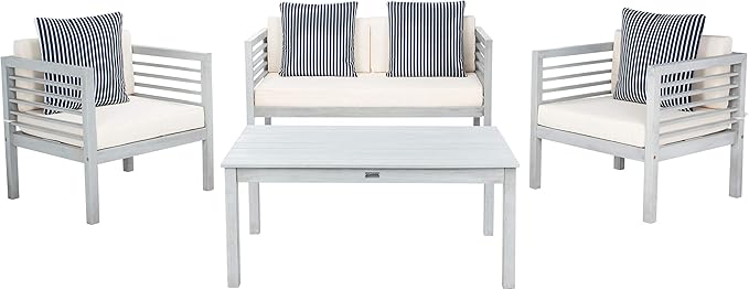 SAFAVIEH Outdoor Collection Alda Grey / Beige Cushions/ Striped Pillows 4-Piece Conversation Patio Set