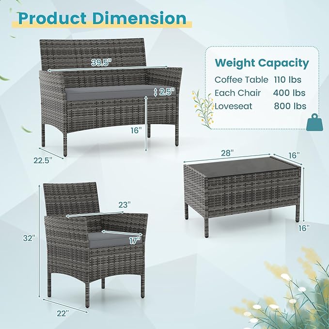 RELAX4LIFE 4-Piece Patio Furniture Set - Rattan Outdoor Conversation Bistro Set w/Cushions, Glass Coffee Table, Wicker Chairs & Loveseat for Garden Backyard Porch, Balcony Furniture Set (1, Mix Grey)