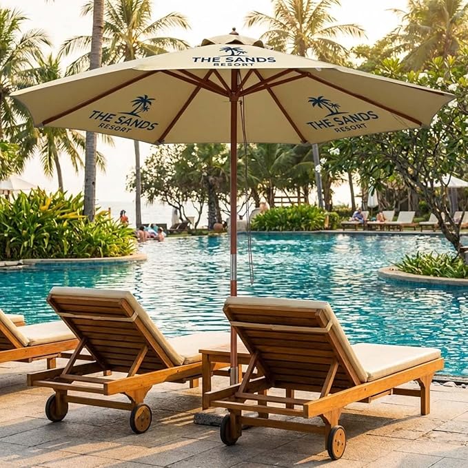 Yescom 9ft Coastal Solid Wood Umbrella Pulley Lift Commercial Base with Wheel Included for Seaside Restaurant Terrace Poolside Beach Club