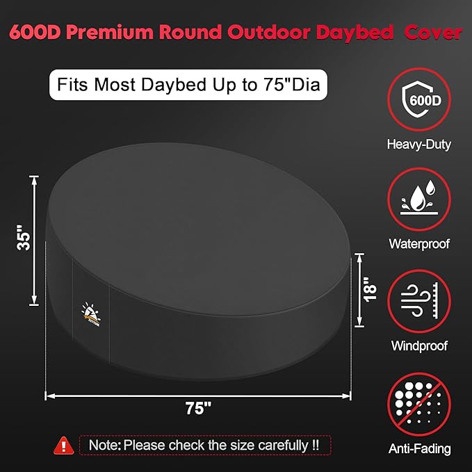 Zettum Outdoor Daybed Cover 75 Inch - 600D Patio Round Sofa Cover Waterproof & Heavy Duty, All Weather Protection Outdoor Furniture Covers for Canopy Daybed Sofa, 75" Dia x 35"/18" H