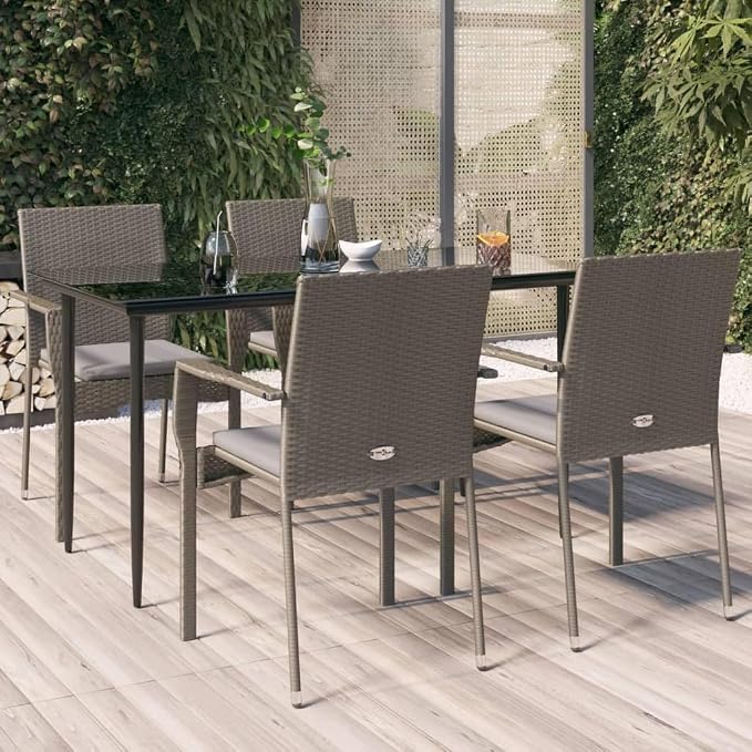 5 Piece Patio Dining Set with Cushions Black and Gray Poly Rattan Outdoor Garden Table and Chairs Weather Resistant Tempered Glass Top Comfortable Seating for Backyard Deck Porch